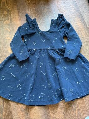 Girls' Navy Constellation Long-Sleeve Ruffle Dress